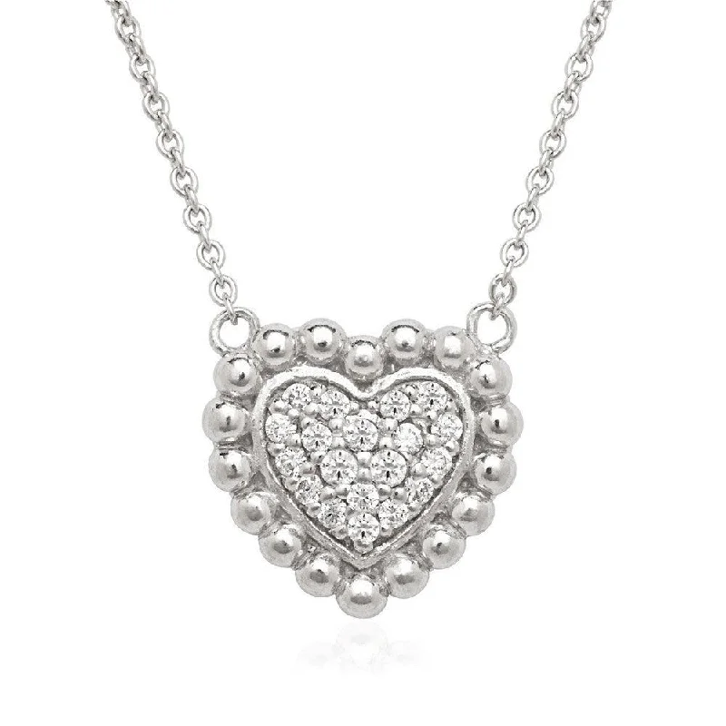 Sterling Silver Small CZ Heart with Beaded Border Necklace