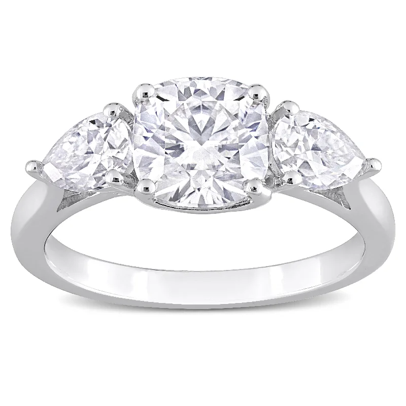 Miadora 3ct DEW Cushion-Cut and Pear Created Moissanite 3-Stone Ring in Sterling Silver