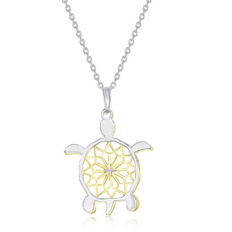 Sterling Silver Two-Tone Fancy Diamond-Cut Design Sea Turtle Necklace