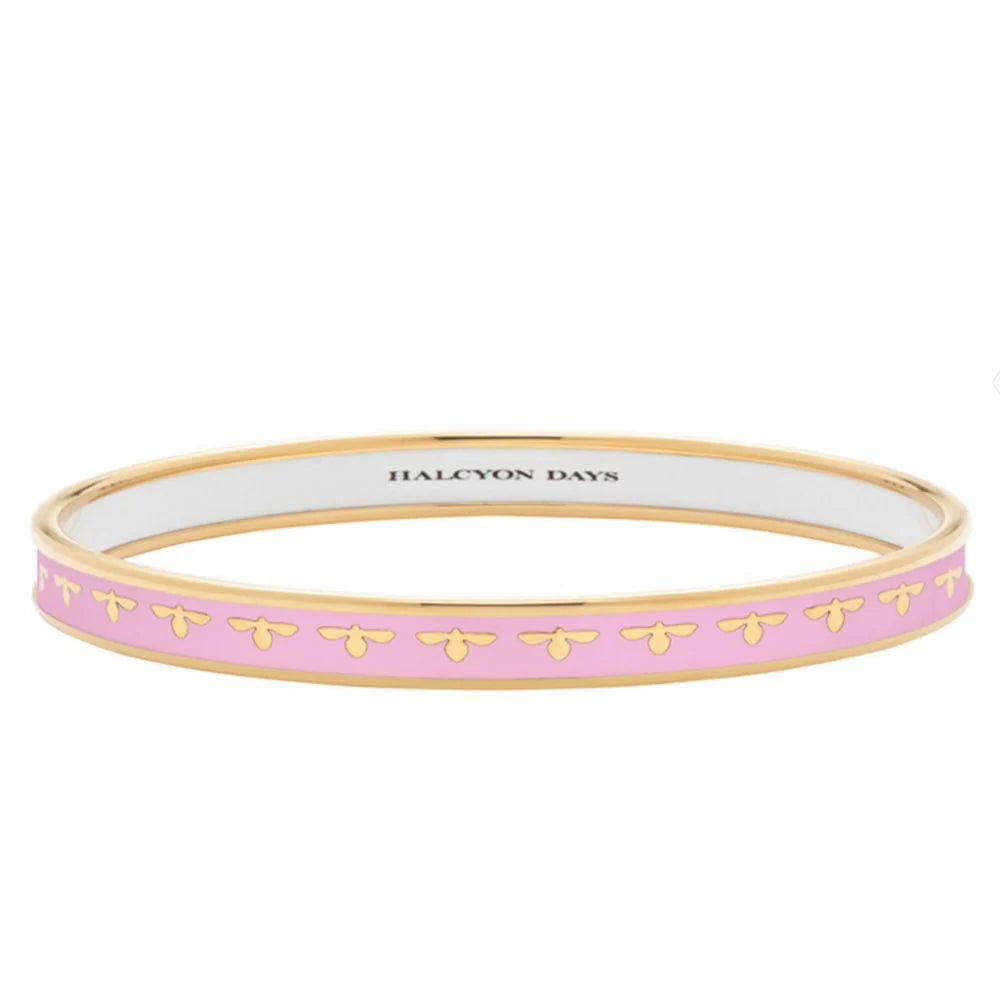 HALCYON DAYS 18K YELLOW GOLD PLATED 6MM BEE PALE PINK ENAMELED BANGLE BRACELET