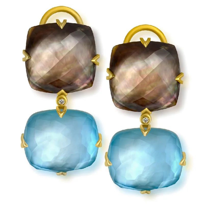 Gold Denim Drop Earrings with Mother Of Pearl & Diamonds