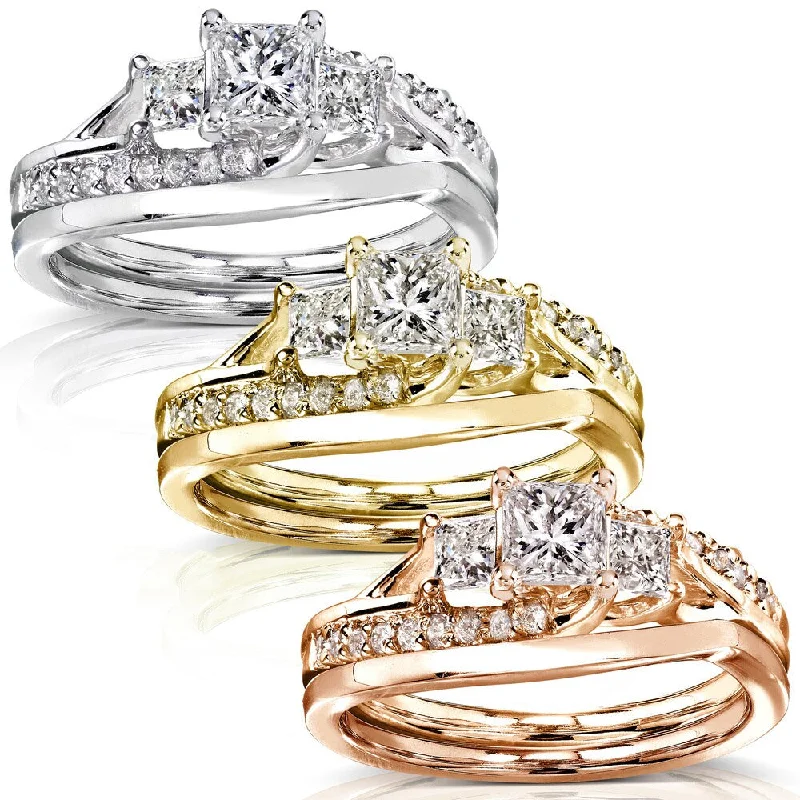 Annello by Kobelli 14k Solid Gold 1ct TDW Asymmetric 3-Stone Princess Diamond Bridal Rings Set