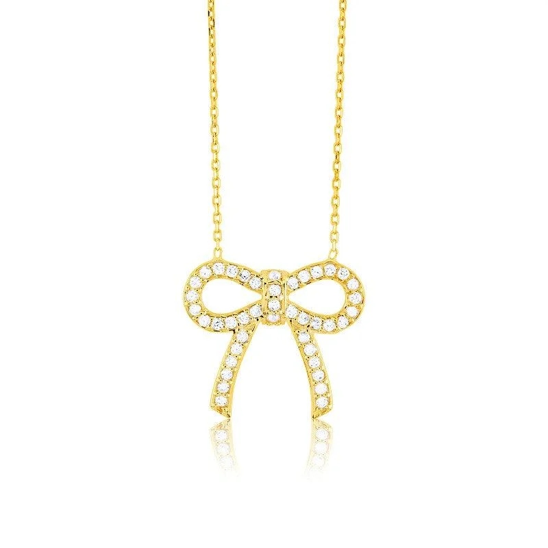 Sterling Silver Gold Plated CZ Bow Necklace