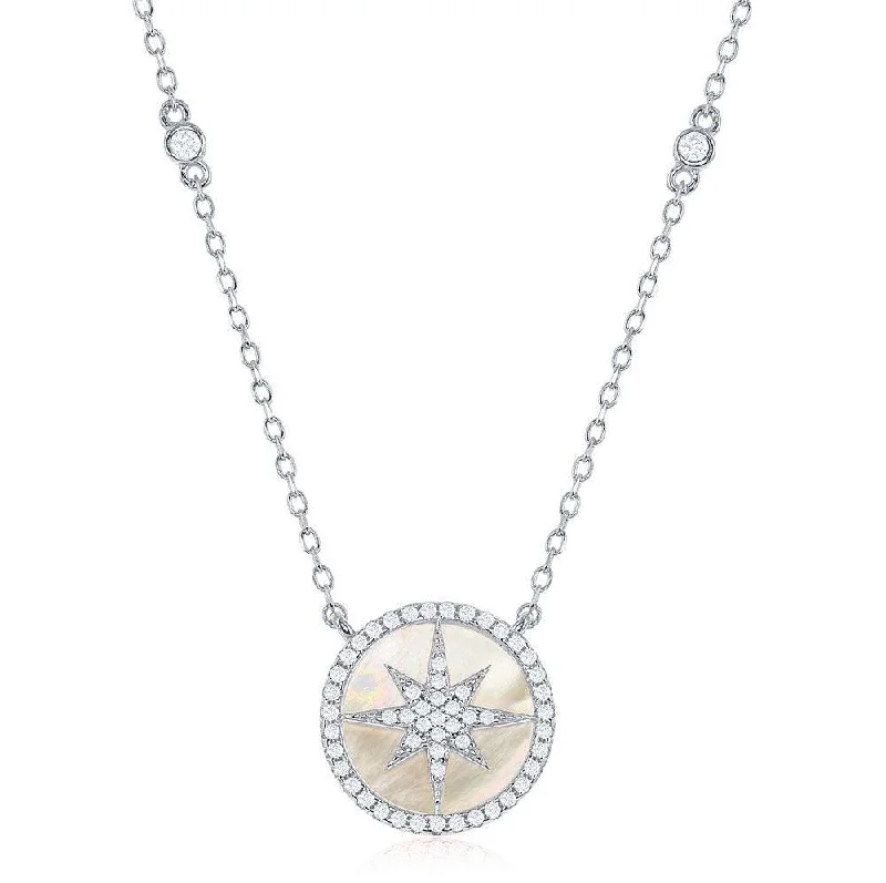 Sterling Silver Round MOP with Center Micro Pave Star Necklace