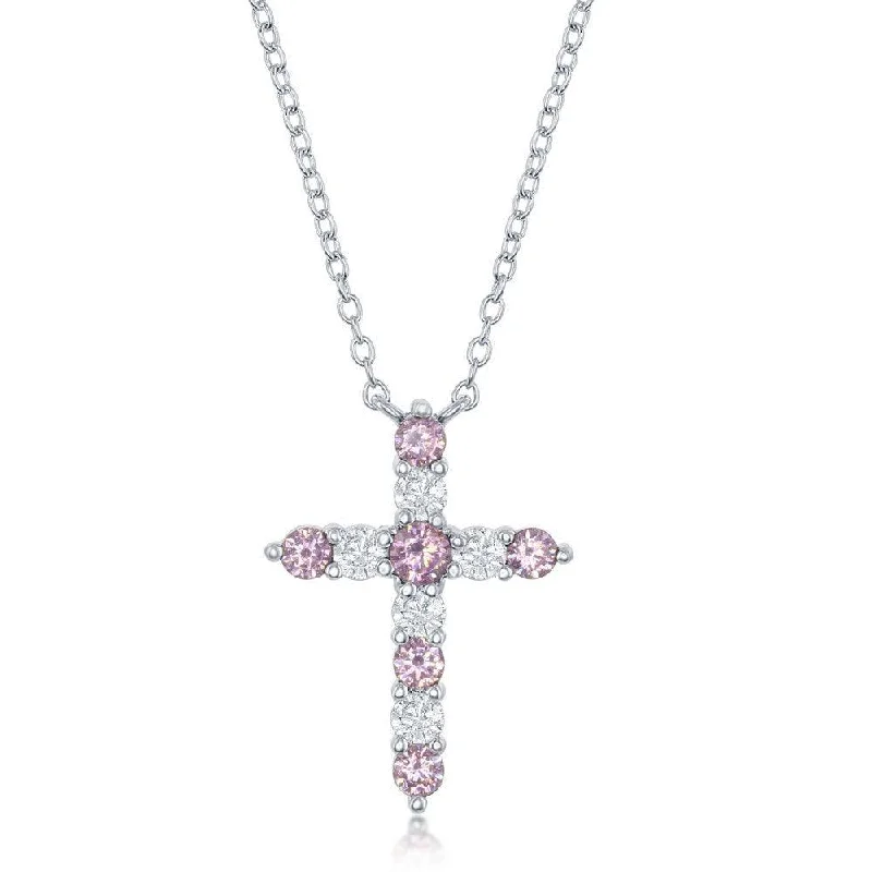 Sterling Silver Pink CZ October Birthstone Cross Necklace