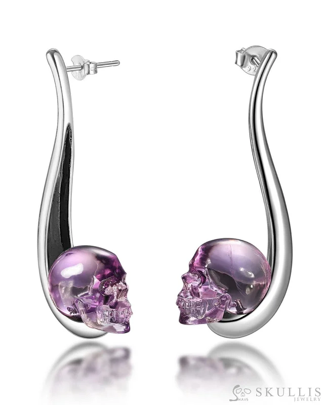 Gem Skull Earrings of Amethyst Carved Skull in 925 Sterling Silver