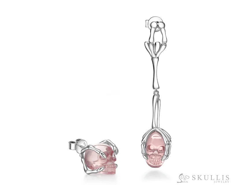 Gem Skull Earrings of Rose Quartz Carved Skull in 925 Sterling Silver