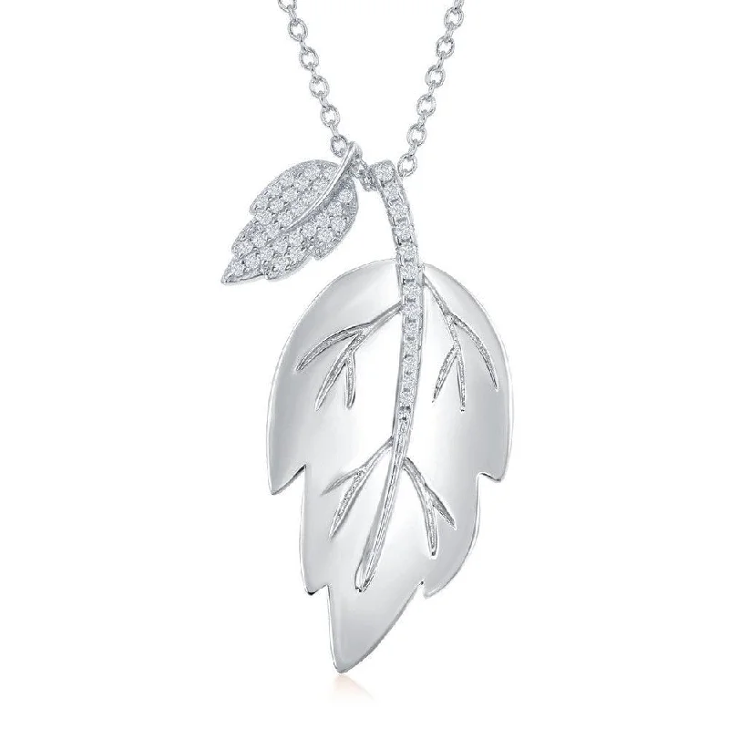 Sterling Silver Shiny Leaf with Smaller Micro Pave Leaf Necklace