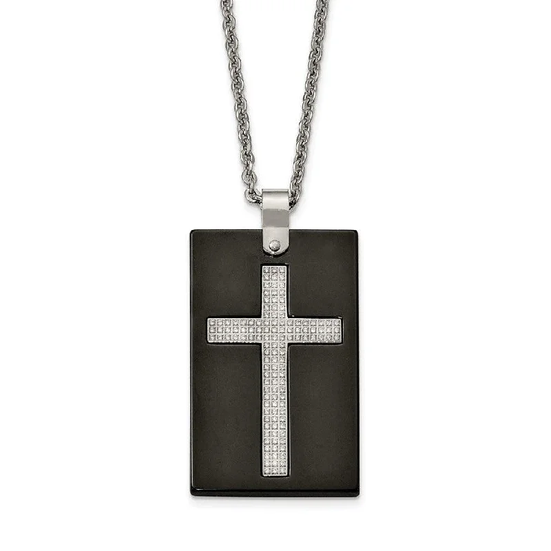 Stainless Steel Polished Black Ceramic CZ Cross Necklace