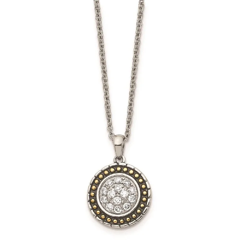 Stainless Steel CZ with Yellow IP-plated Antiqued Circle Necklace