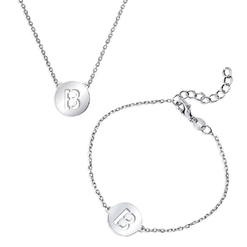 Sterling Silver Shiny 'B' Disc Initial Bracelet and Necklace Set