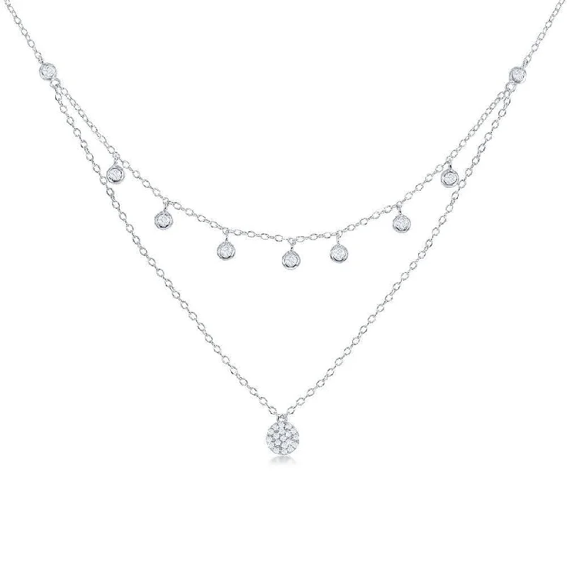 Sterling Silver Double Strand CZ with Micro Pave Disc Necklace