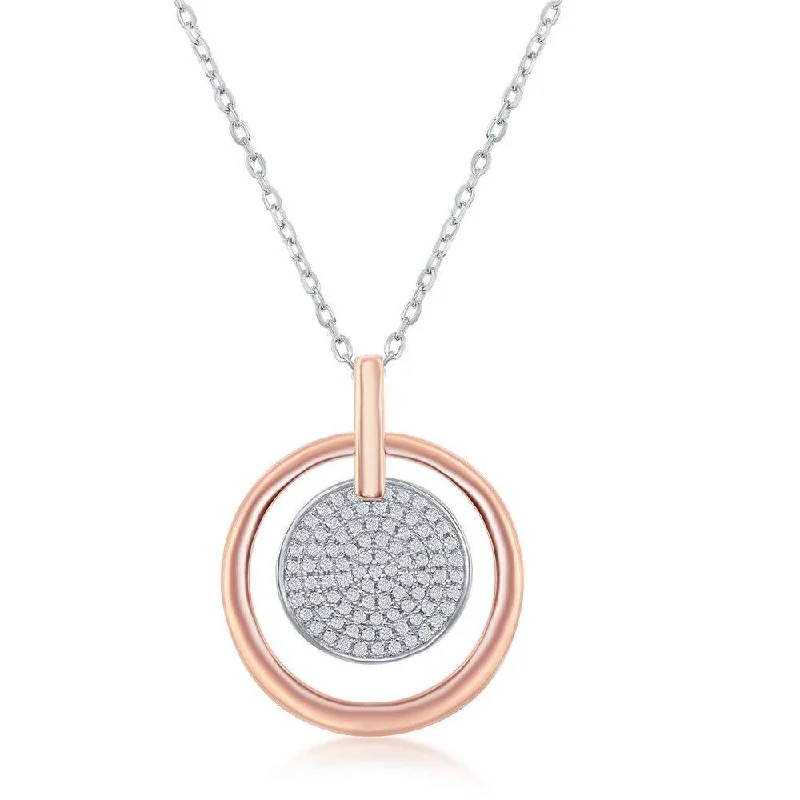 Sterling Silver TT Micro Pave Disc Rose GP Circle Necklace