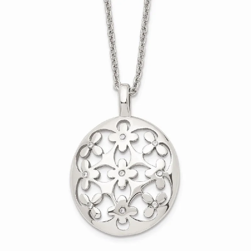 Stainless Steel Polished Circle w/CZ w/2in ext. Necklace