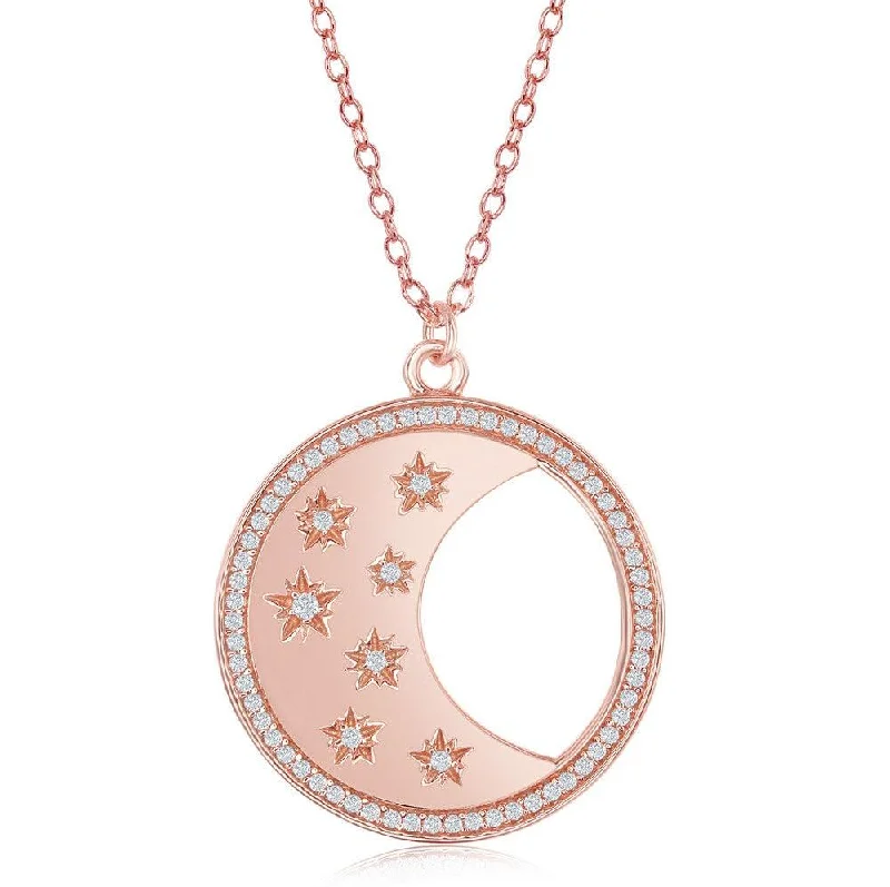 Sterling Silver Circle with Moon and Center CZ Stars Necklace