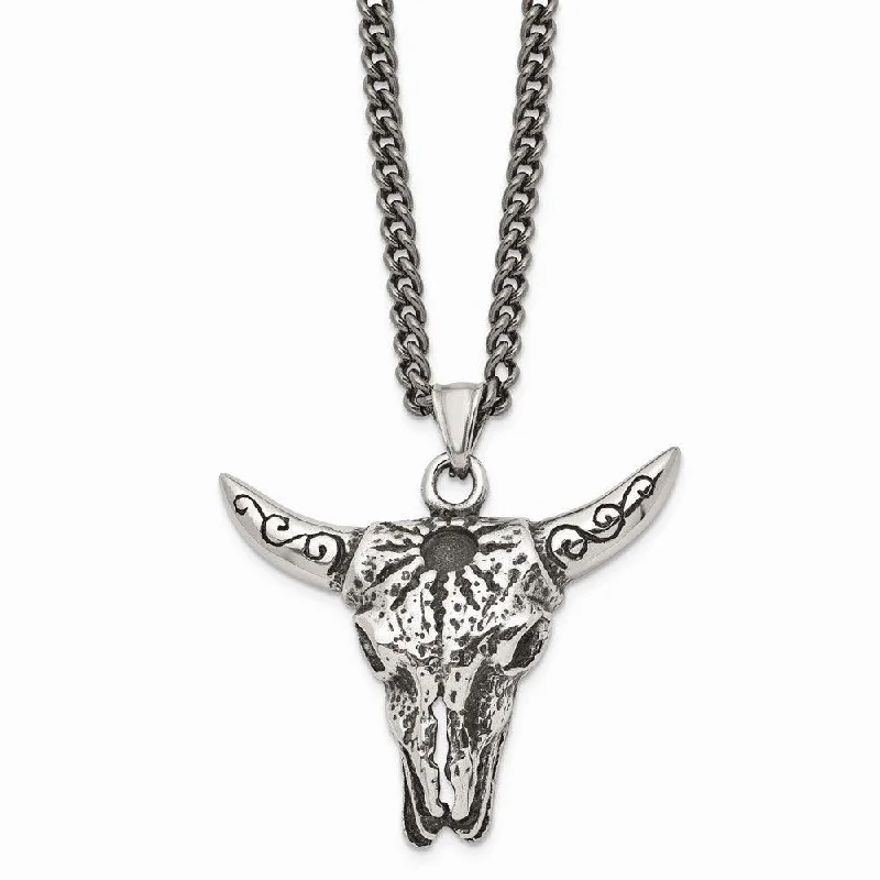 Stainless Steel Polished and Antiqued Animal Skull Necklace