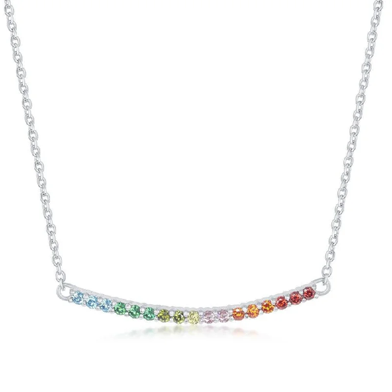 Sterling Silver Rainbow Cubic Zirconia Curved Bar Necklace