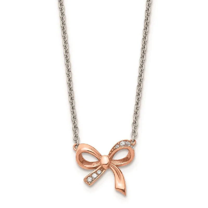 Stainless Steel Polished Pink IP plated CZ Bow with 1.75in ext. Necklace