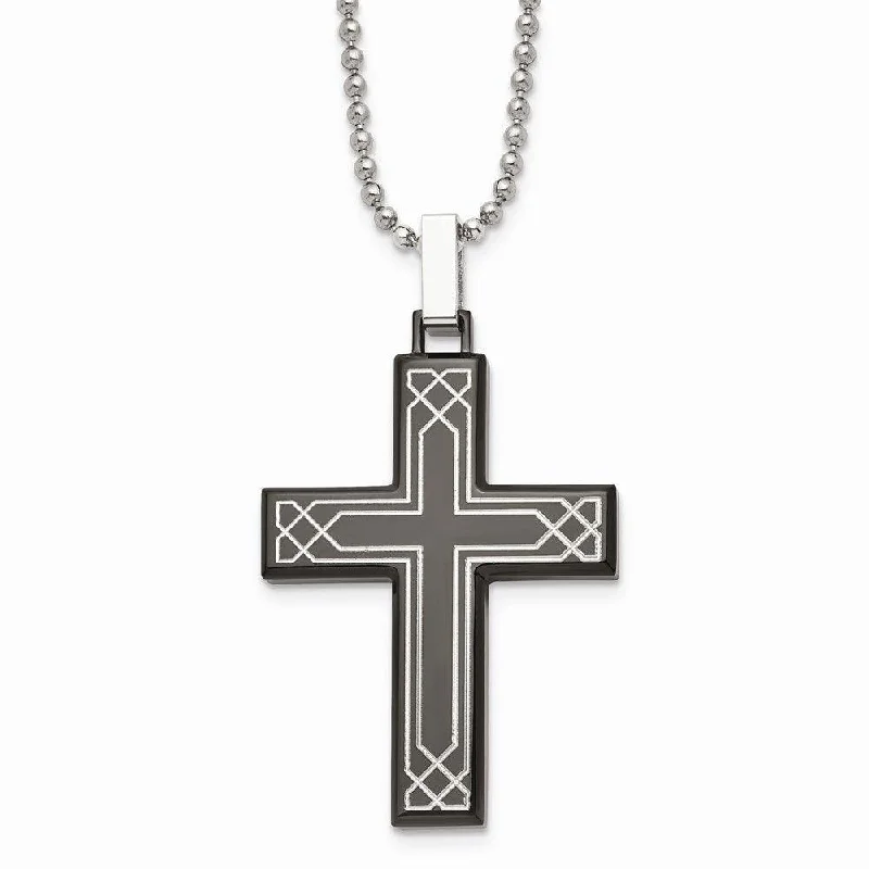 Stainless Steel Polished Laser Etched Black IP Cross Necklace