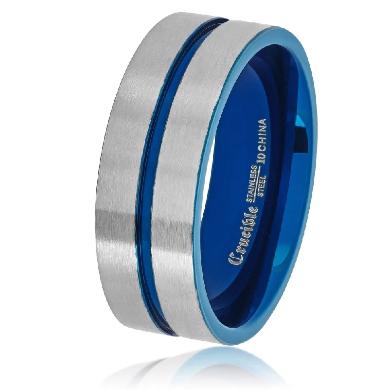 Men's Blue Plated Brushed Stainless Steel Comfort Fit Ring (8mm)