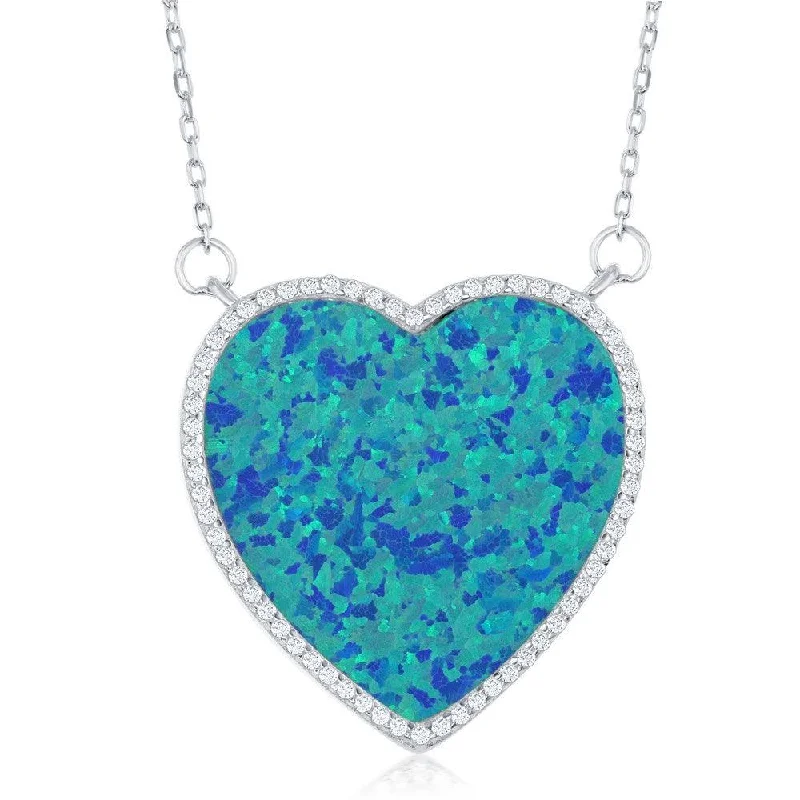 Sterling Silver Blue Inlay Opal Heart with CZ Border Necklace