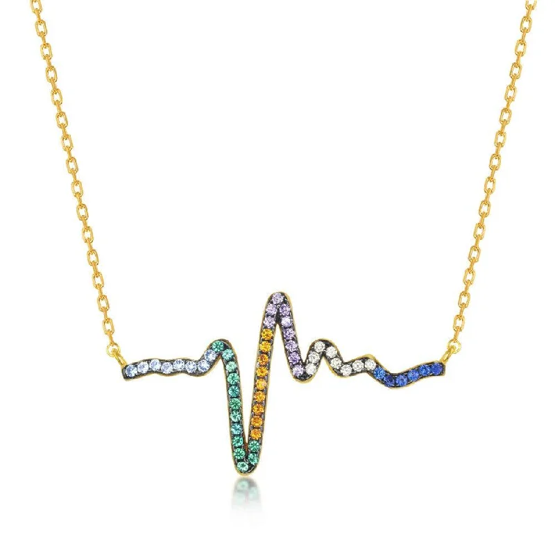 Sterling Silver Gold Plated Rainbow CZ Heartbeat Necklace