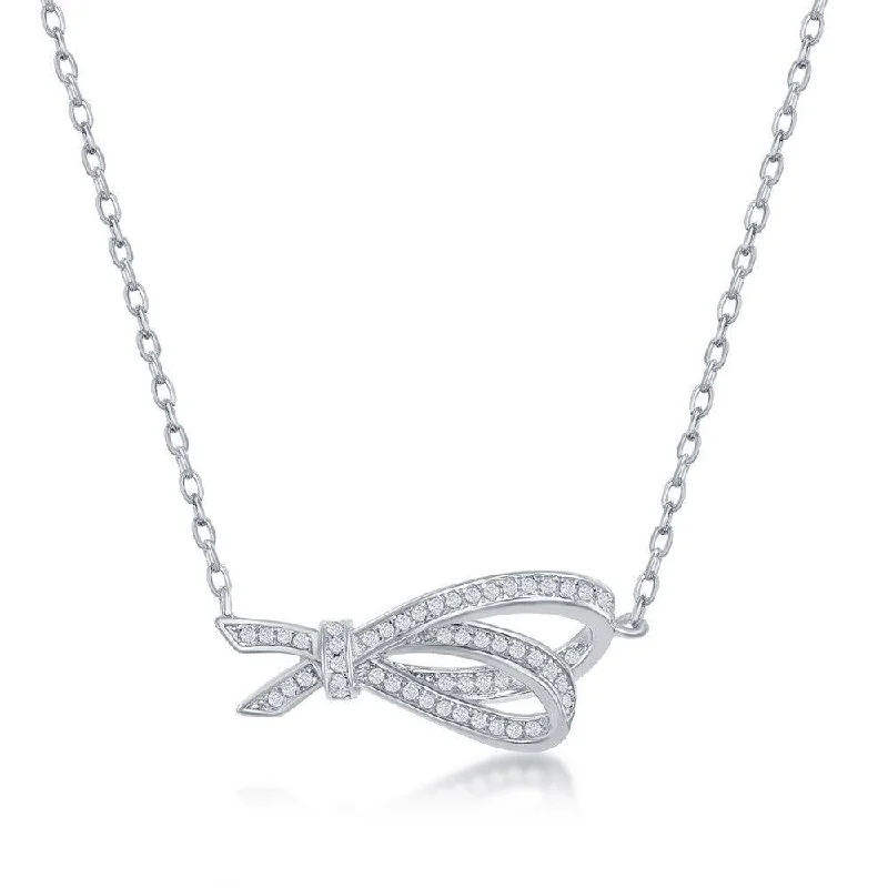 Sterling Silver Micro Pave Double Ribbon Necklace