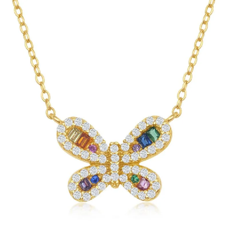 Sterling Silver Gold Plated Rainbow CZ Butterfly Necklace