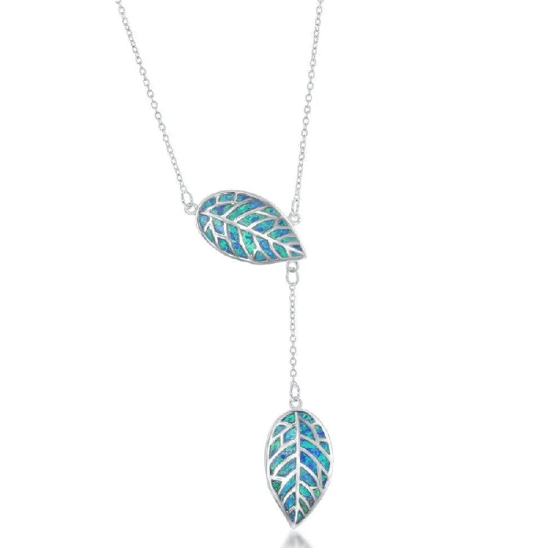 Sterling Silver Blue Opal Leaf with Hanging Leaf Lariat Necklace