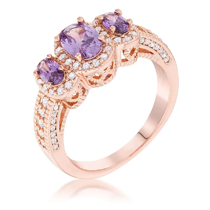 Rose Gold Plated 3-Stone Amethyst Oval Cut CZ Halo Ring - Rose-Gold-Purple