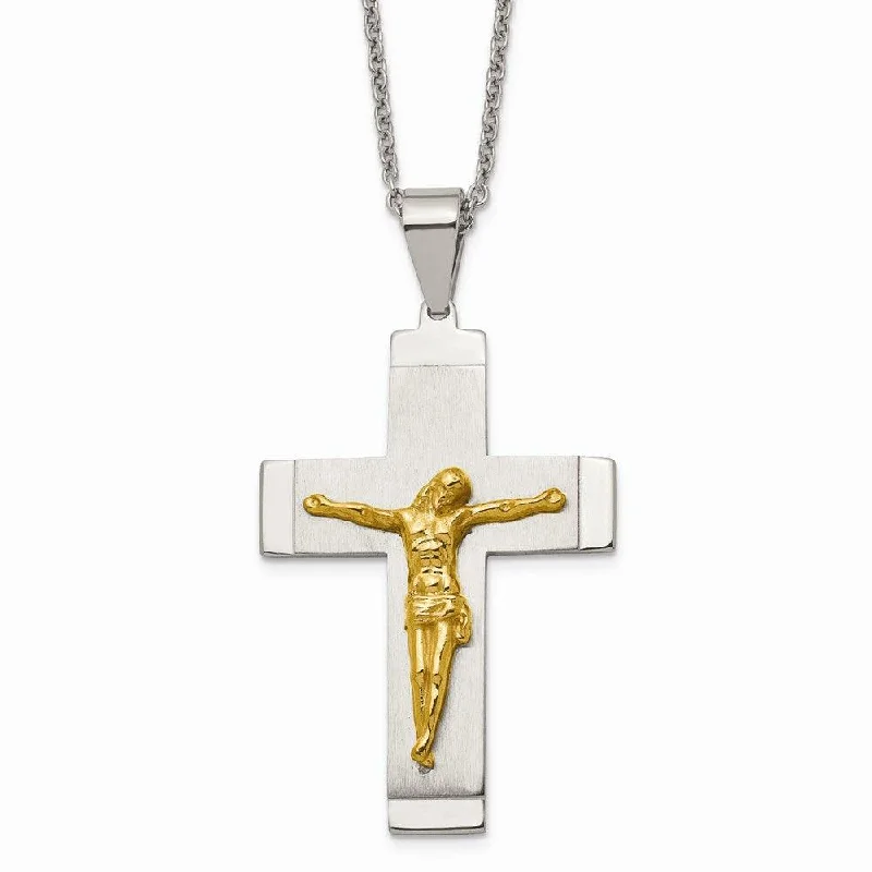 Stainless Steel Brushed, Polished Yellow IP-plated Crucifix Necklace