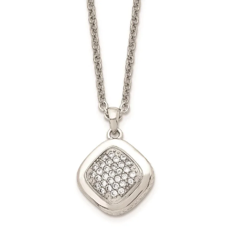 Stainless Steel Polished CZ Square w/2in ext. Necklace