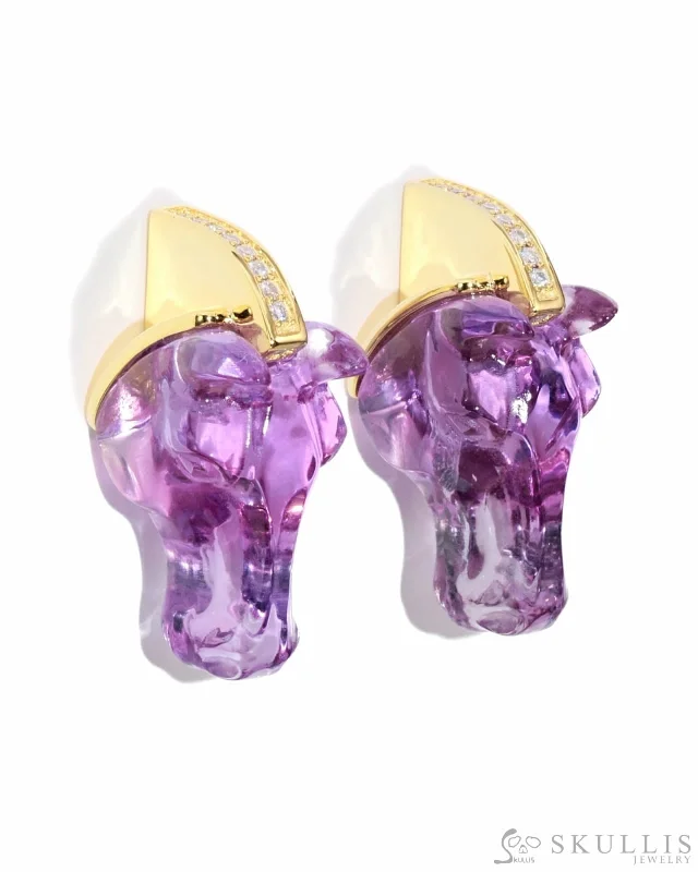 Gem Earrings of Amethyst Carved Horse Head