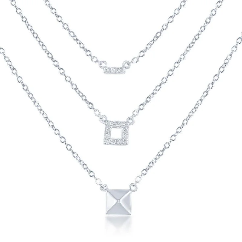 Sterling Silver Square Triple Chain with CZ Necklace