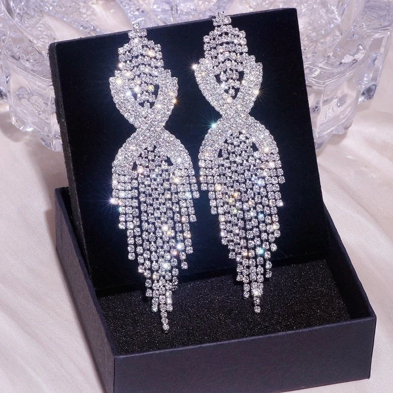 Long Tassel Rhinestone Earrings Crystal Hanging Style JS-015