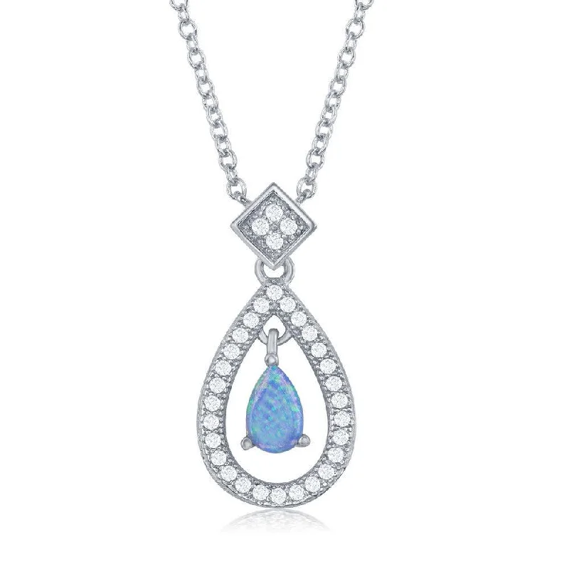 Sterling Silver Open CZ Border and Center Opal Teardrop Necklace