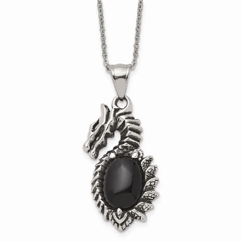 Stainless Steel Antiqued & Polished w/ Black Glass Dragon Necklace