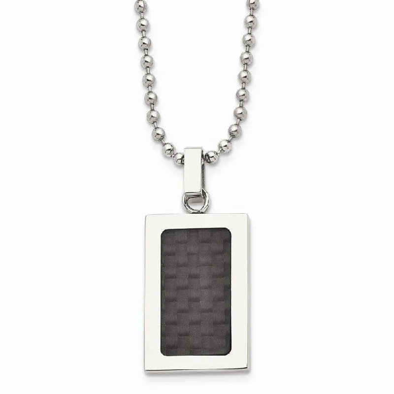 Stainless Steel Polished w/ Black Carbon Fiber Inlay 22in Necklace