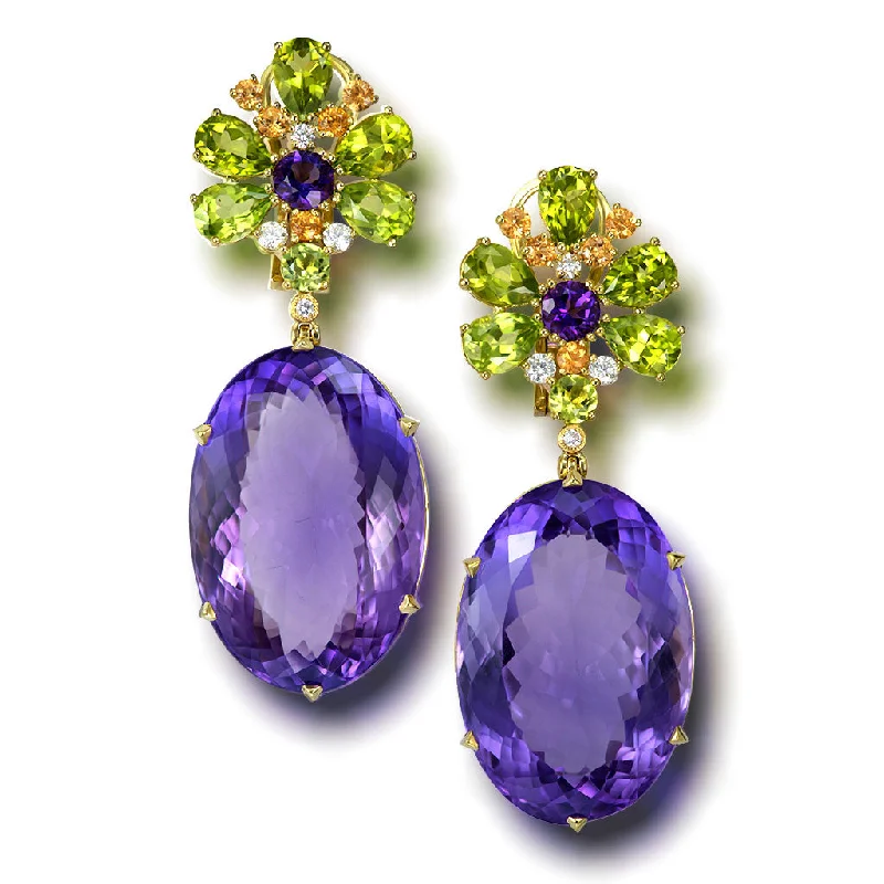 Gold Blossom Drop Earrings with Oval Amethyst & Peridot