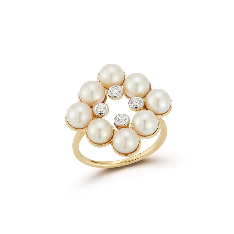 14kt  Pearls and Diamond Cluster Ring