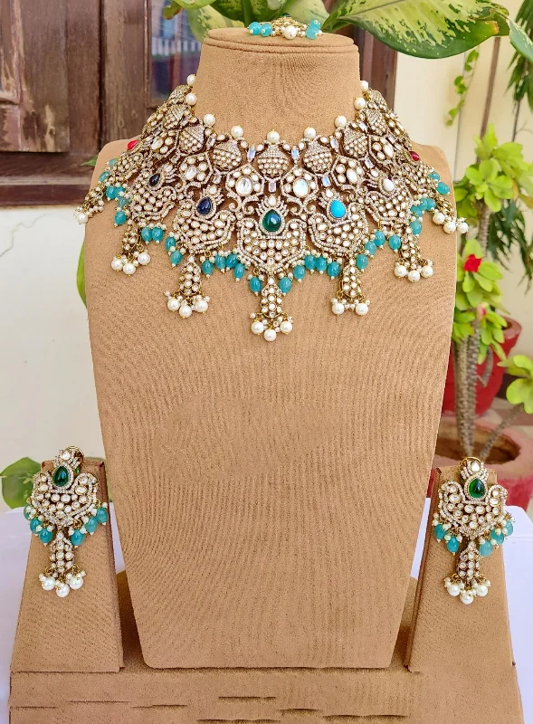 Statement Bollywood Bridal AD Necklace Pearl Kundan Maangtika Indian & Pakistani Weddings