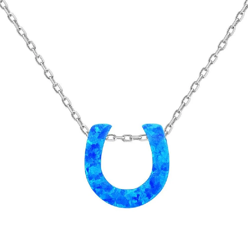 Sterling Silver Small Blue Opal Horseshoe Necklace