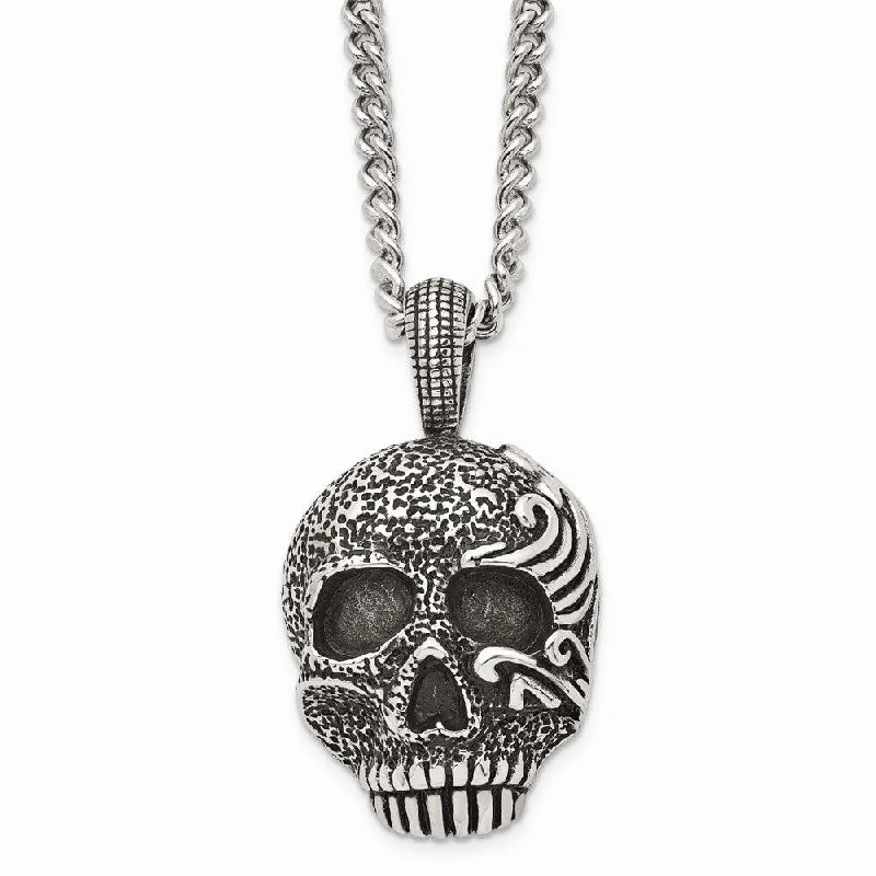 Stainless Steel Antiqued & Textured Skull 24in Necklace