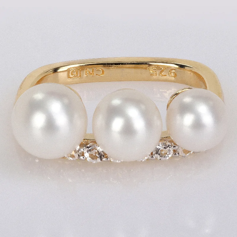 Miadora Cultured Freshwater Pearl & 3/8ct TGW White Topaz Ring Yellow Silver