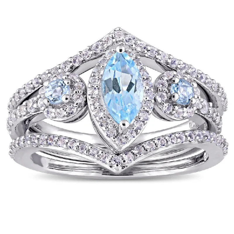 Miadora Sterling Silver Marquise-Cut Sky-Blue Topaz and White Topaz Three-Piece Ring Set - Blue