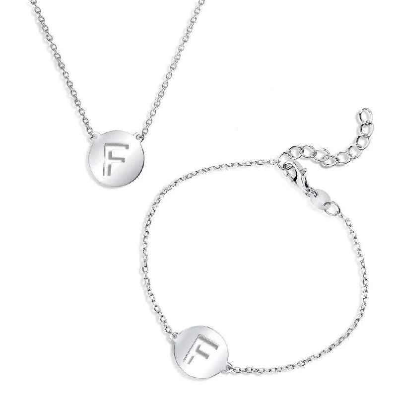 Sterling Silver Shiny 'F' Disc Initial Bracelet and Necklace Set