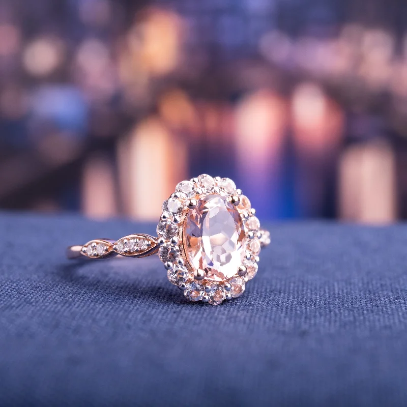 Miadora 14k Rose Gold Morganite and White Topaz and Diamond Halo Ring