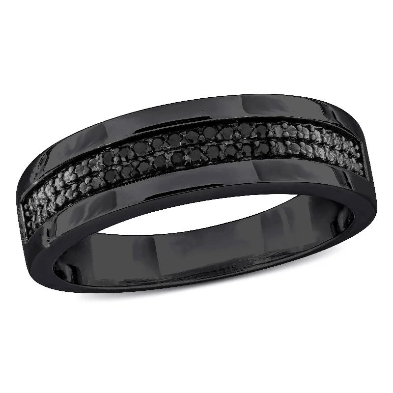 Miadora 1/10ct TDW Black Diamond Double Row Mens Ring in Black Rhodium Silver