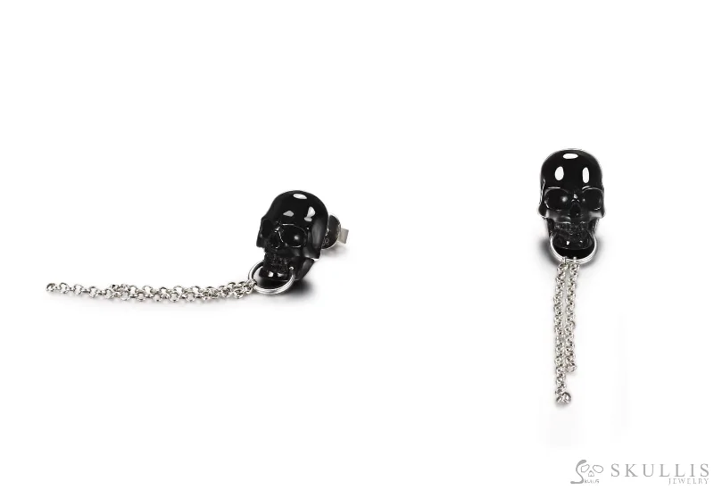 Gem Skull Earrings of Black Obsidian Carved Skull, 925 Sterling Silver