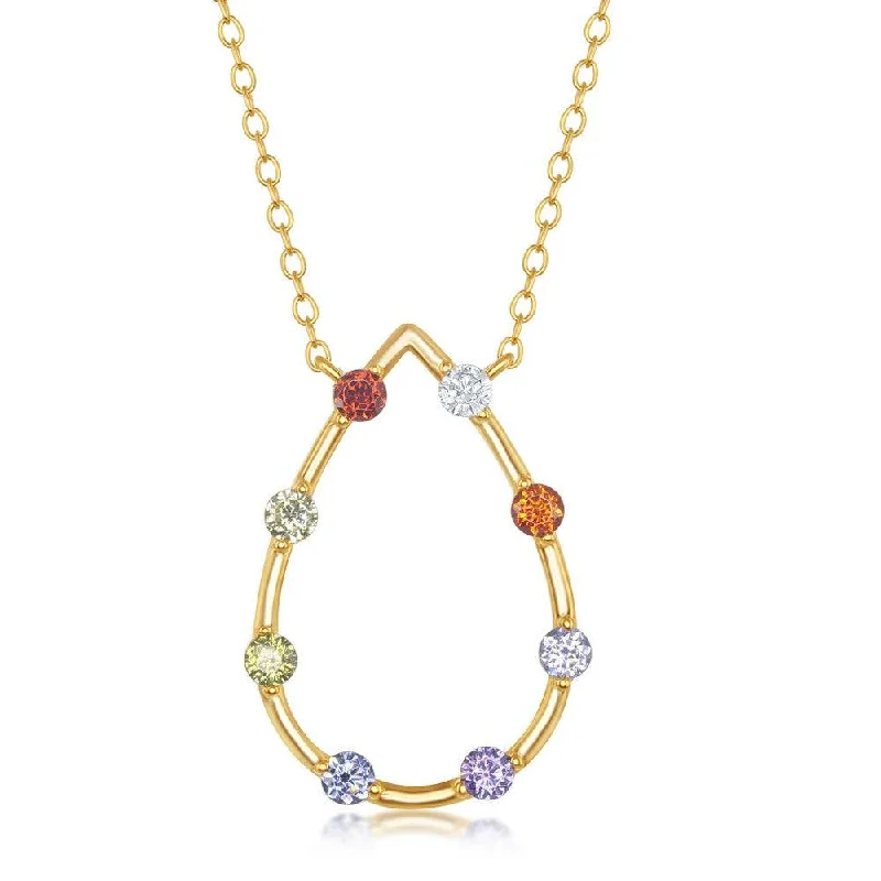 Sterling Silver Gold Plated Rainbow CZ Open Pear-Shaped Necklace